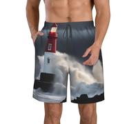 Costume da bagno classico da uomo con faro in tempesta pantaloncini casual da uomo con tasche pantaloncini da spiaggia per uomo, Bianco, L