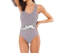 Costume da bagno classico monopezzo per le donne acquerello arcobaleno stellato a forma di U controllo della pancia posteriore, Gatto Semplice Viola, L