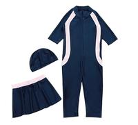 Costume da Bagno Completo a Maniche Lunghe con Gonna per Ragazze Musulmane Protezione Solare Moda Infantile (4-Navy, 12-13 Years)