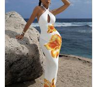 Costume da bagno con gonna floreale per donna, costume intero con collo a canottiera e gonna lunga stampata L,M,S,XLPianteTessuto