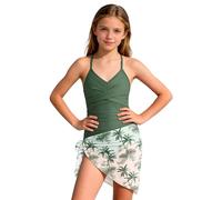 Costume da bagno da bambina in due pezzi con spalline regolabili, sovrapposizione floreale in rete per le giornate estive in spiaggia, verde, 13-14 Anni