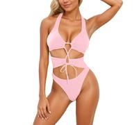 Costume da bagno da donna, 1 pezzi, guaina piatta per pancia, un pezzo, sexy push up, scollo a V, monokini, elegante e chic, bikini in pizzo traforato, snellente e snellente con schiena nuda, rosa 2