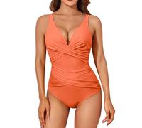 Costume da bagno da donna, 1 pezzi, sexy e avvolgente, da donna, con scollo a V, elegante, snellente, push-up, imbottito, Monokini, taglia grande, Swimwear da spiaggia, arancione, XXL