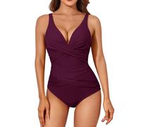 Costume da bagno da donna, 1 pezzi, sexy e avvolgente, da donna, con scollo a V, elegante, snellente, push-up, imbottito, Monokini, taglia grande, Swimwear da spiaggia, Vino, M