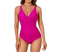 Costume da bagno da donna, 1 pezzi, sexy e avvolgente, da donna, con scollo a V, elegante, snellente, push-up, imbottito, Monokini, taglia grande, Swimwear da spiaggia, rosa acceso, XXL