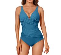 Costume da bagno da donna, 1 pezzi, sexy e avvolgente, da donna, con scollo a V, elegante, snellente, push-up, imbottito, Monokini, taglia grande, Swimwear da spiaggia, blu, L
