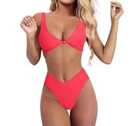 Costume da bagno da donna, 2 pezzi, a vita alta, con scollo a V, due pezzi, da donna, sexy, Mayo, triangolo, bikini, 2 pezzi, pancia, piatta, set top e calze di costumi push up, #01-anguria Rosso, L