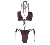 Costume da bagno da donna, 2 pezzi, arricciato con coulisse, set bikini sexy halter reggiseno e tanga, con lacci, perizoma a vita bassa, marrone, Taglia unica