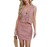 Costume da bagno da donna, 2 pezzi, lavorato all'uncinetto, scollo a V | Canotta corta con lacci sul davanti, texture traforata ariosa, minigonna con tasca applicata, stile a bordo piscina e da
