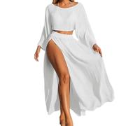 Costume da bagno da donna 2 pezzi, set da donna estivo chic ed elegante, maniche lunghe crop top e gonna spacco fluido da spiaggia camicetta sexy boheme bikini casual tinta unita per le vacanze