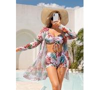 Costume da bagno da donna a 3 pezzi con kimono copricostume da bagno con coulisse frontale top bikini a vita alta ragazzo fondo corto