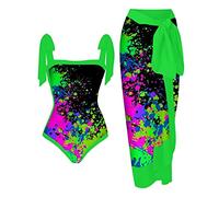 Costume da bagno da donna a due pezzi con pareo abbinato copricostume estivo da donna in stile bohémien con stampa floreale monokini costumi da bagno da spiaggia, 17-verde, L