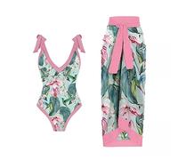 Costume da bagno da donna a due pezzi con pareo abbinato copricostume estivo da donna in stile bohémien con stampa floreale monokini costumi da bagno da spiaggia, 30-rosa, XL