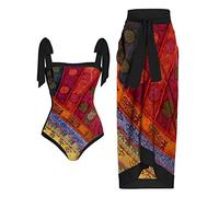 Costume da bagno da donna a due pezzi con pareo abbinato copricostume estivo da donna in stile bohémien con stampa floreale monokini costumi da bagno da spiaggia, 14 rosso., L