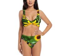 Costume da bagno da donna a due pezzi con stampa di girasole e farfalle, costume da bagno a due pezzi