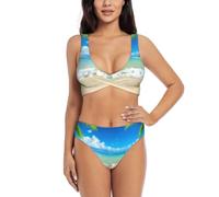 Costume da bagno da donna a due pezzi con stampa di stelle marine, spiaggia, palme, per vacanze modeste traspiranti, Nero , S