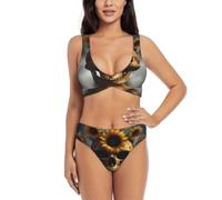 Costume da bagno da donna a due pezzi con stampa di teschio di girasole e croce, costume da bagno modesto da spiaggia