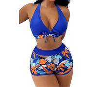 Costume da bagno da donna a due pezzi costumi da bagno floreale tropicale a vita alta abbigliamento da spiaggia pantaloncini da surf Halter top, Blu reale, M