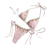 Costume da bagno da donna a due pezzi per bikini con scollo a V solido con laccio posteriore per vacanze al mare - vestibilità regolare dalla S alla XL (rosa L)