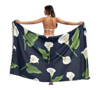 Costume da bagno da donna con calle bianche e foglie verdi, pareo con frange, pareo da spiaggia, taglia L, Foglie verdi di gigli di calla bianca, Large