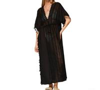 Costume da bagno da donna con scollo a V, a maniche lunghe, oversize, copricostume da spiaggia con frange, camicetta per vacanze estive e località turistiche, taglie dalla S alla XL (S nero)