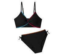 Costume da bagno da donna con scollo a V e coulisse, bikini carino per ragazze, due pezzi con imbottitura sul petto, per estate, spiaggia, piscina, vacanze, Nero 1, 9-10 Anni