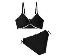 Costume da bagno da donna con scollo a V e coulisse, bikini carino per ragazze, due pezzi con imbottitura sul petto, per estate, spiaggia, piscina, vacanze, Nero 2, 7-8 Anni