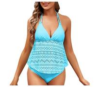 Costume da bagno da donna con spalline allacciate al collo, taglio ampio, schiena scoperta, set da due pezzi per piscina e vacanze al mare, materiale elastico con protezione, ideale per figure curve