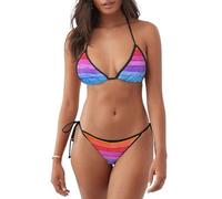 Costume da bagno da donna con stampa a righe arcobaleno colorato costume da bagno in due pezzi per vacanze estive attività in piscina, Nero , M