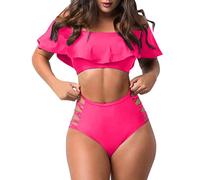 Costume da bagno da donna con volant, spalle scoperte, aderente, tinta unita, con spacco, costume da bagno da spiaggia, set bikini per estate, spiaggia, piscina, vacanze, Rosa acceso, M