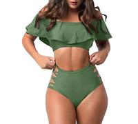 Costume da bagno da donna con volant, spalle scoperte, aderente, tinta unita, con spacco, costume da bagno da spiaggia, set bikini per estate, spiaggia, piscina, vacanze, Verde, S