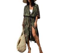 Costume da Bagno da Donna Copricostume, Floreale Lungo Costume da Bagno Bikini Beach Cover Up, Anteriore Aperto, Casual Allentato Elegante Beachwear (Verde Militare,Taglia Unica)