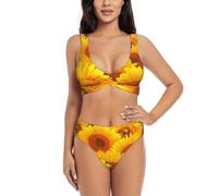 Costume da bagno da donna giallo girasole 2 stampa Split Cross Bikini due pezzi, modesto vestito da spiaggia
