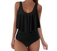 Costume da bagno da donna, in due pezzi, a vita alta, con balza arricciata, per una perfetta vacanza in spiaggia, visite in piscina, Nero , M
