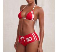 Costume da bagno da donna in due pezzi, bikini a stringhe con slip brasiliano, costume da bagno a righe sportivo per vacanze al mare, rosso L,M,S,XL,XSBlocchi di colore,Lettere,A strisceTessuto