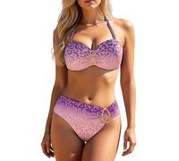 Costume da bagno da donna in due pezzi: top tankini con scollo a V, pantaloni bikini dal taglio alto, stampa animale, costume da bagno estivo, Lilla, M