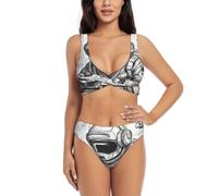 Costume da bagno da donna monocromatico stile schizzo stampa gioco Split Cross Bikini due pezzi, modesto vestito da spiaggia