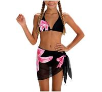 Costume da bagno da ragazza a 3 pezzi alto bikini triangolo floreale slip e gonna nuoto stampa floreale set elegante pratico per spiaggia piscina uscite acquatiche, Il nero #2, 15-16 Anni