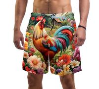 Costume da bagno da uomo con gallo e fiori, pantaloncini da bagno ad asciugatura rapida, per surf, spiaggia, con fodera in rete, multicolore, XL