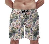 Costume da bagno da uomo, elegante stampa cactus margherite, pantaloncini da bagno con fodera in rete, costume da bagno ad asciugatura rapida, multicolore, XXL