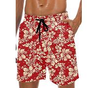 Costume da bagno da uomo hawaiano fodera in rete costume da bagno pantaloncini da spiaggia con tasche, Fiore rosso-giallo, Medium