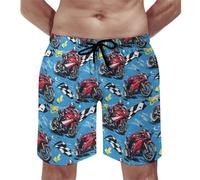 Costume da bagno da uomo, rosso con stampa motociclista, pantaloncini da bagno con fodera in rete, costumi da bagno ad asciugatura rapida, multicolore, S