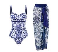 Costume da Bagno Donna 1 Pezzi Costumi da Bagno Interi Imbottiti +1 Pezzi Pareo Mare Sarong Copricostume Gonna Scollo a V Costumi Interi Donna One Piece Bikini Monokini con Stampa Vintage StileM M