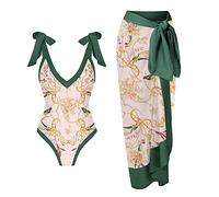 Costume da Bagno Donna 2 Pezzi Set Bikini Sexy con Stampa Vintage,Spalline Regolabili Costumi da Bagno Intero con Coprire Gonna Pareo Mare Sarong,Costume Intero con Controllo della Pancia StileJ XL