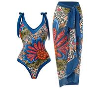 Costume da Bagno Donna 2 Pezzi Set Bikini Sexy con Stampa Vintage,Spalline Regolabili Costumi da Bagno Intero con Coprire Gonna Pareo Mare Sarong,Costume Intero con Controllo della Pancia StileB XL