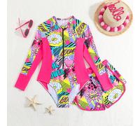 Costume da bagno e shorts in una sola pezza per ragazze adolescenti con lettere e stampe a cartoni animati, apertura frontale a zip a metà con maniche lunghe per vacanze estive al mare, stampa casuale