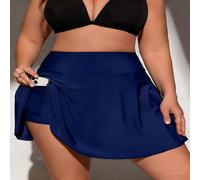 Costume da bagno elegante da vacanza blu navy per taglie comode, design plissettato, adatto per l'estate fuori stagione, gonna copricostume e pantaloncino per taglie comode in blu per donne in sovrapp
