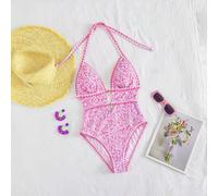 Costume da bagno elegante e bohémien da donna, stile vacanziero da spiaggia, monokini a fiori blu con stampa, dettaglio con ciondolo a forma di stella marina e bordo a zig-zag, in tessuto elastico tra