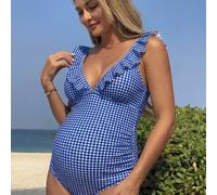 Costume da bagno elegante e romantico a righe classiche blu e bianche con scollo a V, 1 pezzo, per mamme e donne in gravidanza L,M,S,XL,XSquadriTessuto in maglia