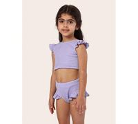 Costume da bagno estivo a due pezzi con texture, volant e maniche a flutter, parte inferiore vita alta, adatto per vacanze, feste in piscina e nuoto 6Y,7Y,4Y,5YColore unicoPoliestere